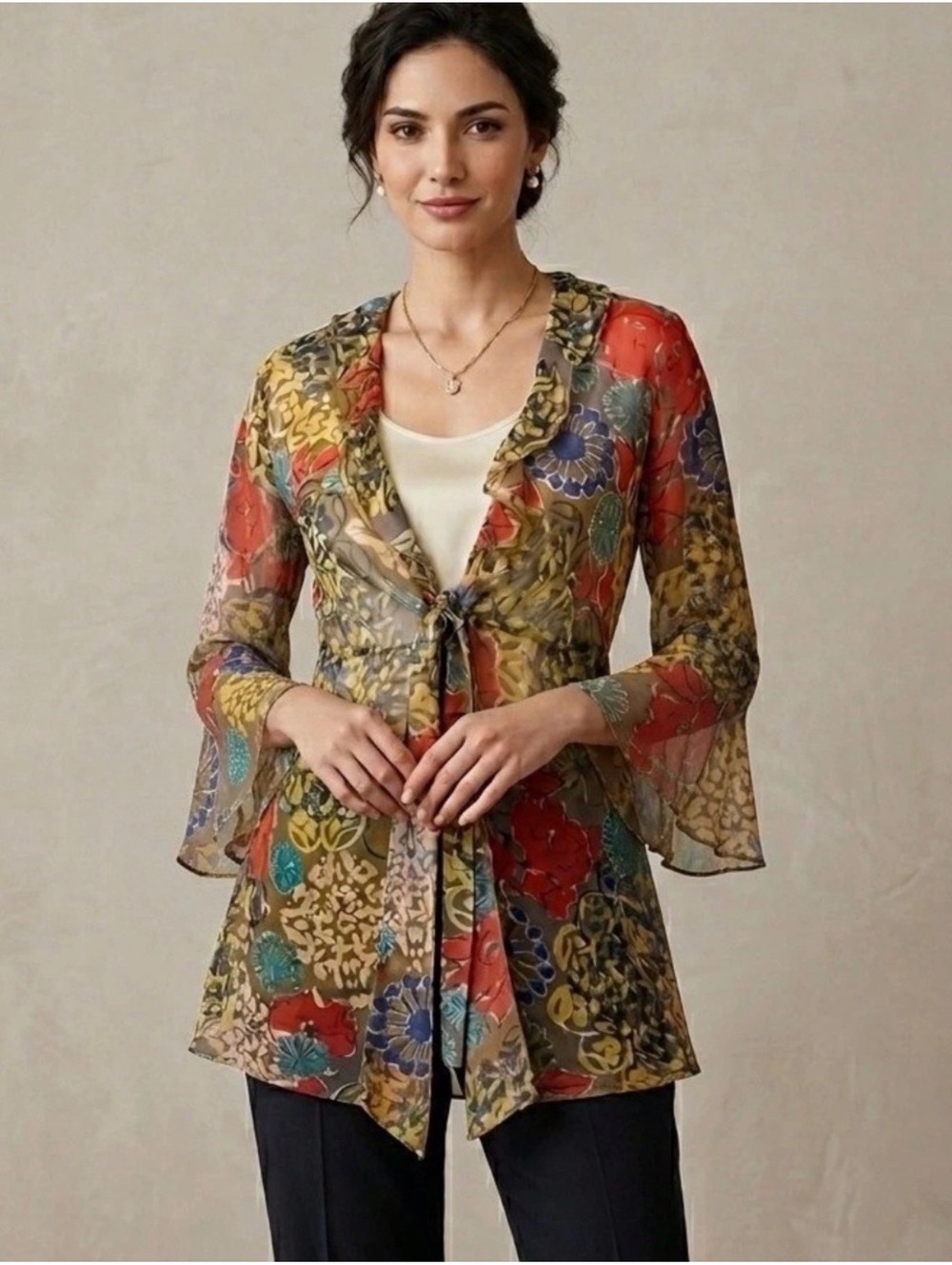 CAbi Floral Sheer Tie Front Shakespeare Wrap Blouse Size L